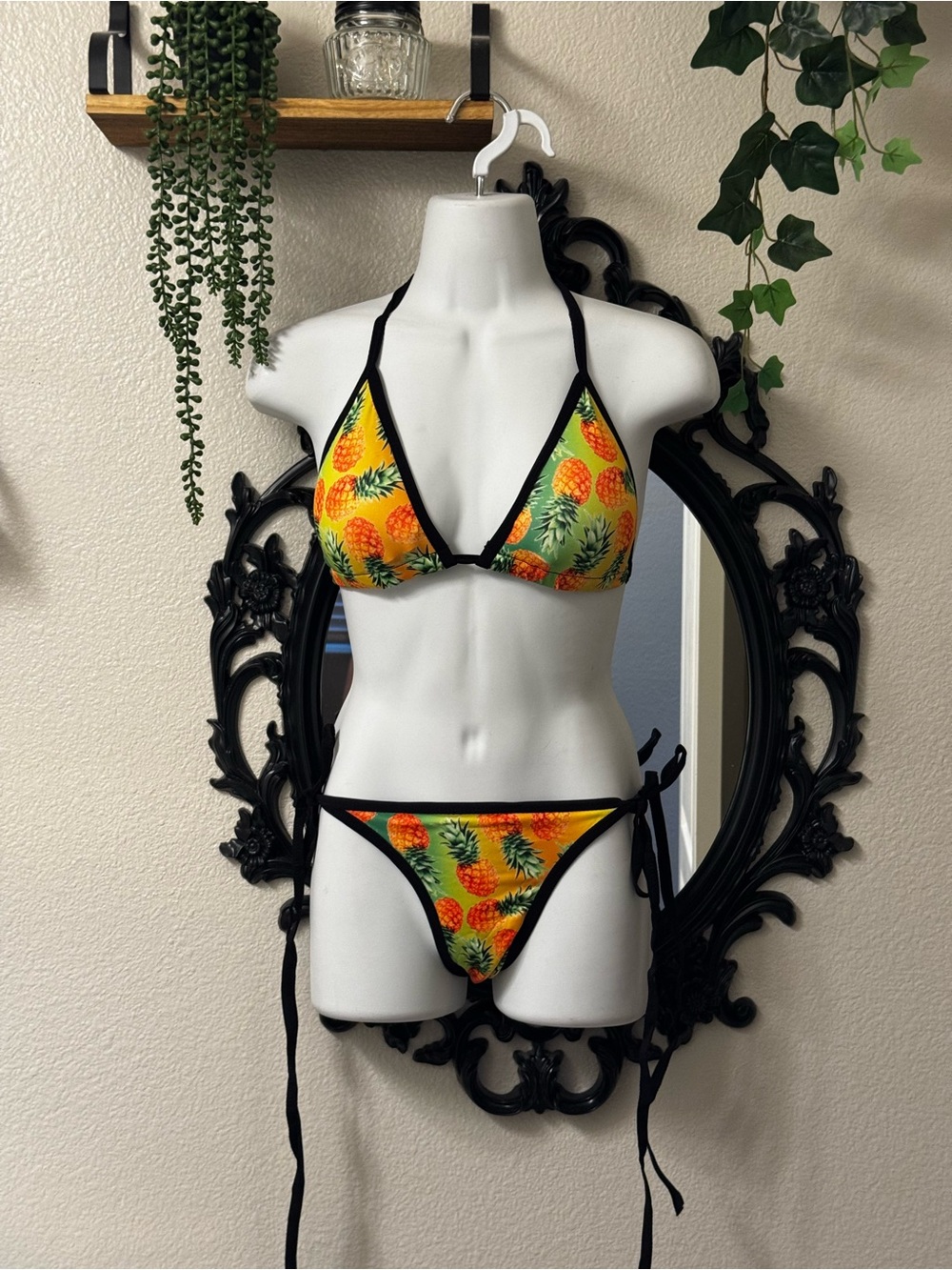 Black-Trim Pineapple Print Triangle Bikini - Women